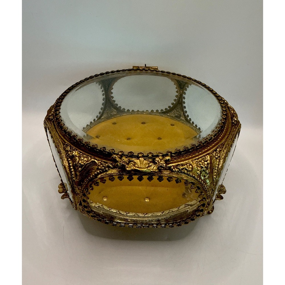 VTG Gold Gilt Ormolu Filigree Floral Bouquet Octagon Casket Trinket Jewelry Box